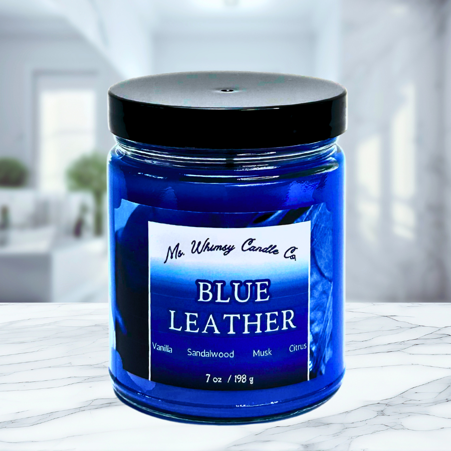 Blue Leather | Sandalwood, Patchouli, & Vanilla | 9 oz Scented Candle | Woodsy