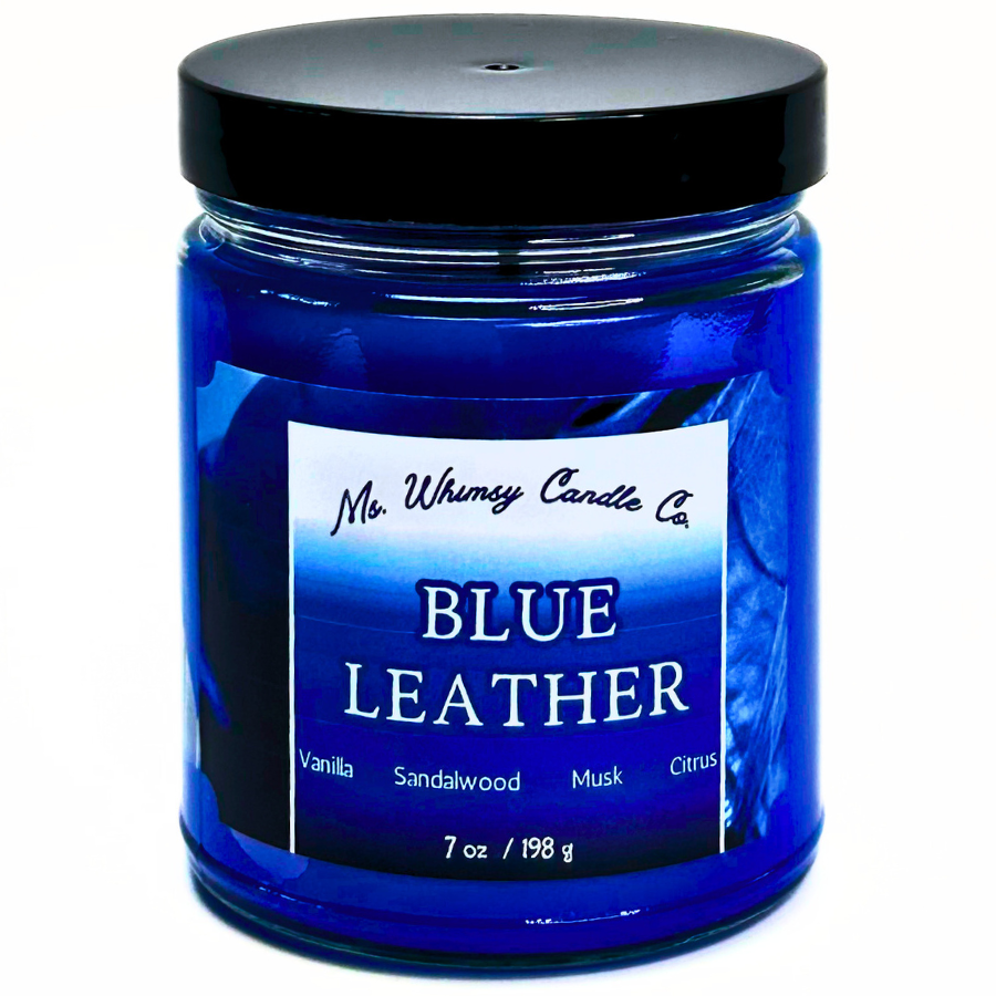 Blue Leather | Sandalwood, Patchouli, & Vanilla | 9 oz Scented Candle | Woodsy