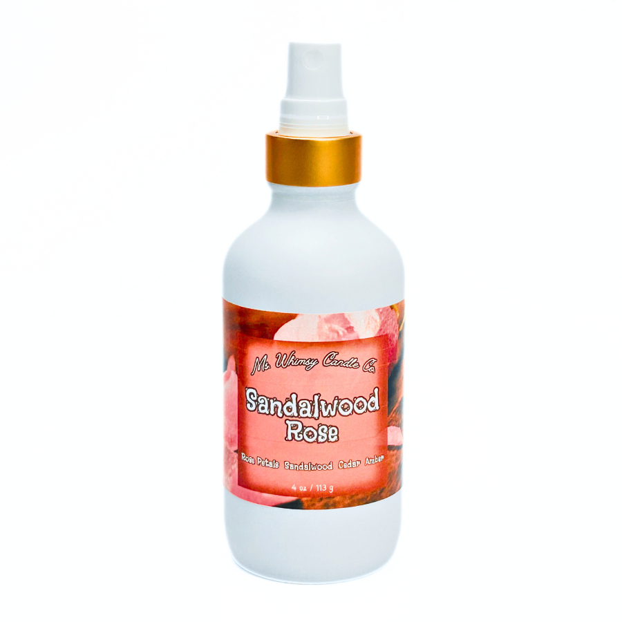 Sandalwood Rose 4 oz Room & Linen Spray |  Rose Petals, Sandalwood, & Amber| Woodsy & Floral | Fine Mist