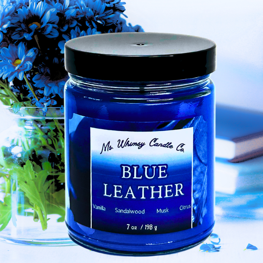 Blue Leather | Sandalwood, Patchouli, & Vanilla | 9 oz Scented Candle | Woodsy